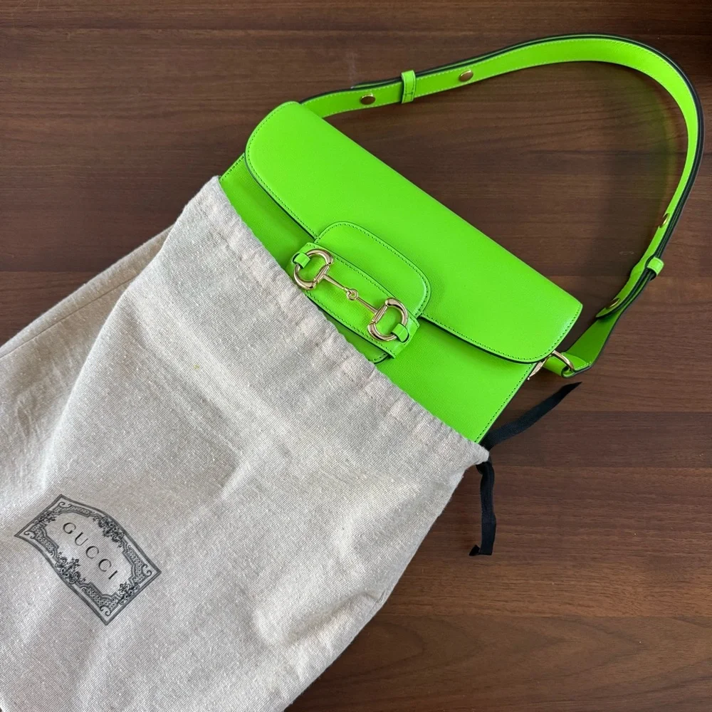 Gucci Horsebit 1955 Shoulder Bag Purse Neon Green Leather NWT Pristine Rare